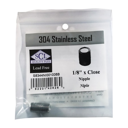 Smith-Cooper Smith-Cooper 1/8 in. MPT Stainless Steel Close in. L Nipple S8344NI001006B
